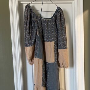 Easel Patchwork Peasant Dress in Blue and Tan